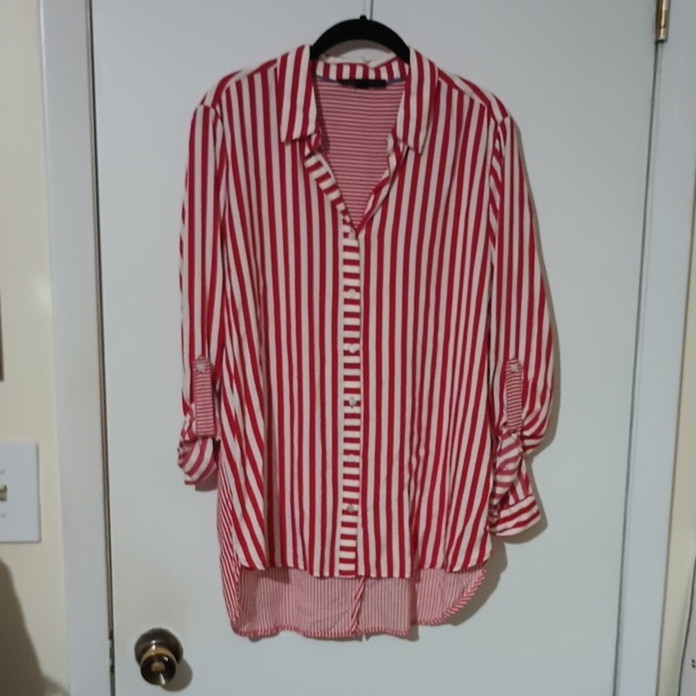 Jane + Delancey Red/White Striped Tunic Button Front Shirt Medium